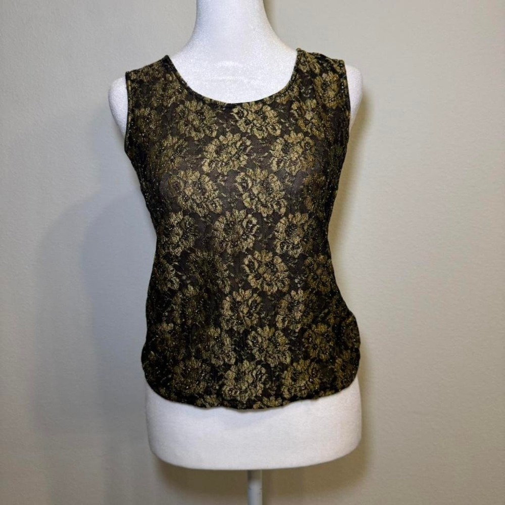 Truce Black Gold Shimmery Floral Lace Tank Y2K Fitted Sheer Top